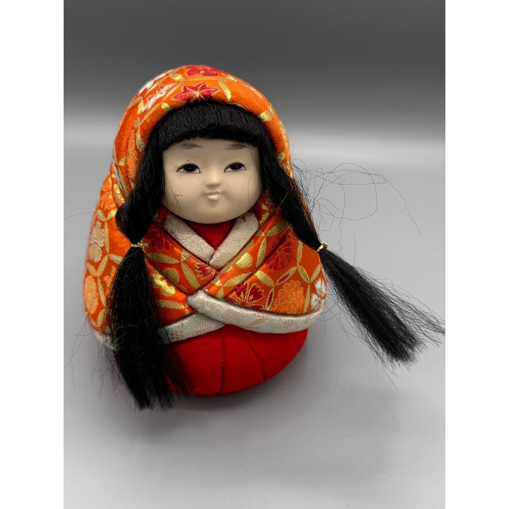 Vintage Japanese Kimekomi Doll Girl Orange Silk Brocade Kimono Folk Art Ornament